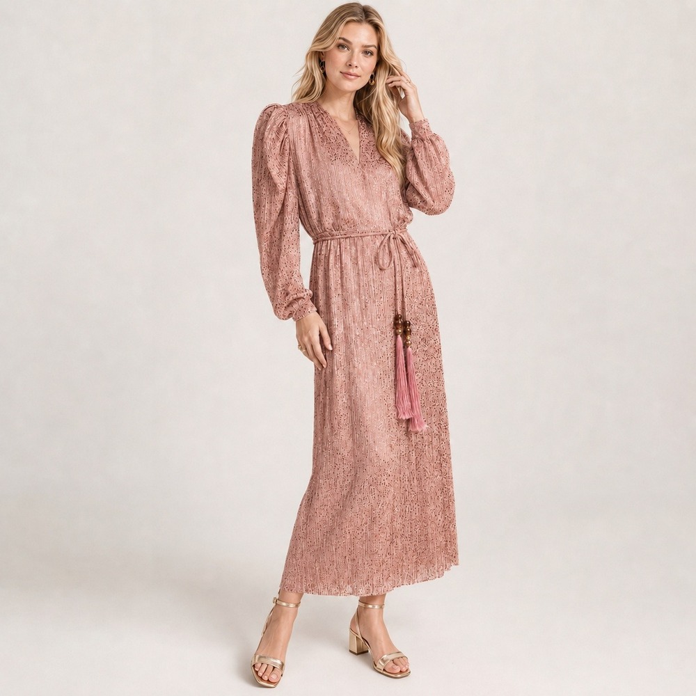 Sabina Musayev Pleated Marble Wrap Maxi Dress M Pink Metallic Glam Puff Sleeve